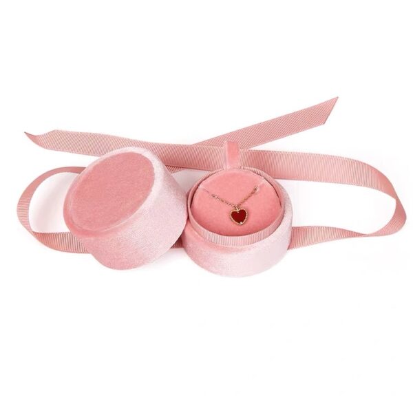 Round corduroy plastic jewelry box ribbon bow pink