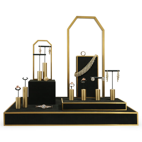 Microfiber Jewelry Window Display Set Metal Stand for Ring and Earrings Black